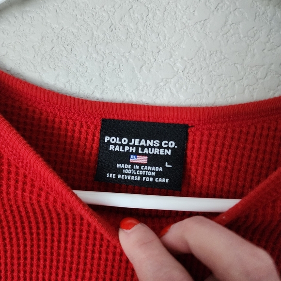 POLO JEANS RALPH LAUREN x VINTAGE 90's American Flag Logo waffle henley‎ top red - Picture 6 of 7